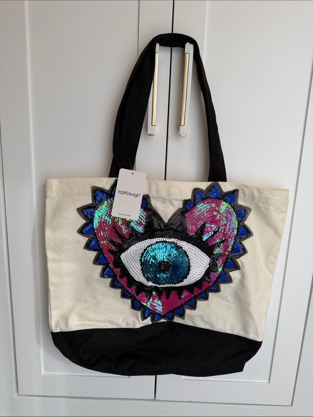 Cream & Black Tote with Sequin Eye Design